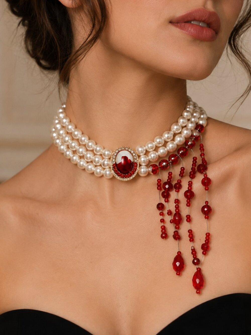 ✨ Blood Red Crystal Pearl Choker Necklace Gothic Statement
